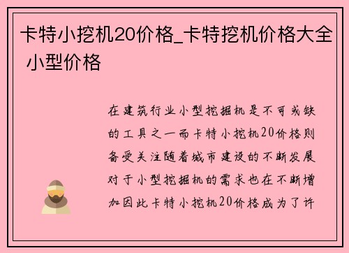 卡特小挖机20价格_卡特挖机价格大全 小型价格